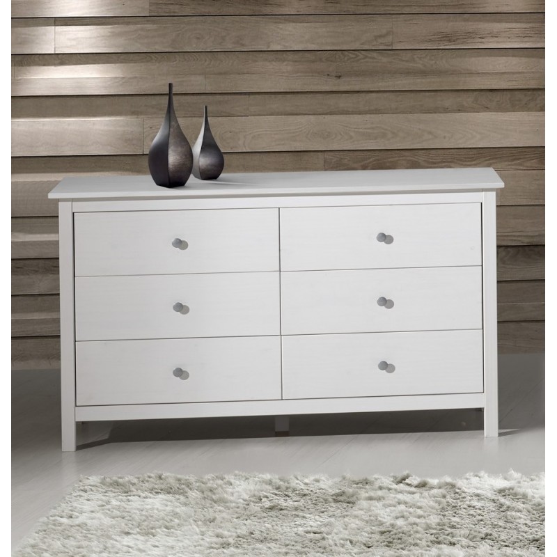 Cómoda con 6 cajones de madera de pino blanca, barata.