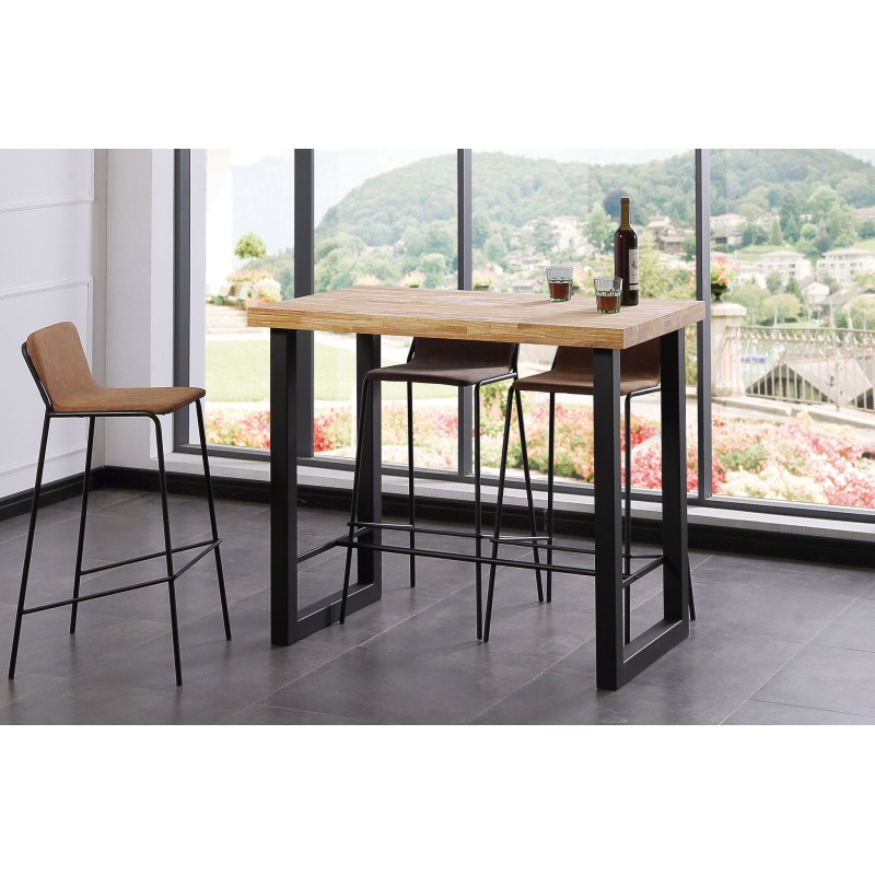 Mesa alta cuadrada de 120x70 cm. de madera color roble y patas metálicas  negras, barata y funcional.