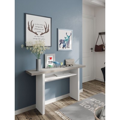 Mesa tipo Consola de 120x35 desplegable Blanco/Cemento que puedes colocar en la entrada de tu casa como recibidor.