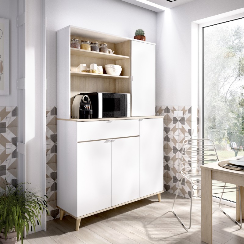 Mueble Auxiliar de cocina bajo en blanco y natural de estilo nórdico.