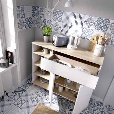 Mueble Auxiliar de Cocina Ada Blanco / Natural con 2 Puertas, Cajón y Estantería