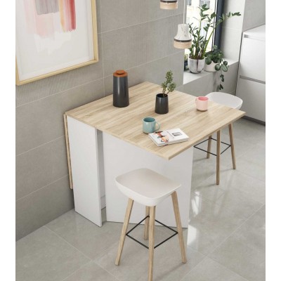 Mesa de cocina Flex de 78x31 alas abatibles Blanco / Roble Natural abierta 1 ala.