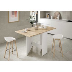Mesa de cocina Flex de 78x31 alas abatibles Blanco / Roble Natural abierta las dos alas.