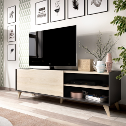 Mueble TV Oslo con Patas, Acabado Grafito / Roble Natural de 155x43x47 cm
