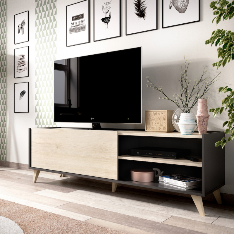 Mueble TV Oslo con Patas, Acabado Grafito / Roble Natural de 155x43x47 cm