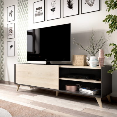 Mueble TV Oslo con Patas, Acabado Grafito / Roble Natural de 155x43x47 cm