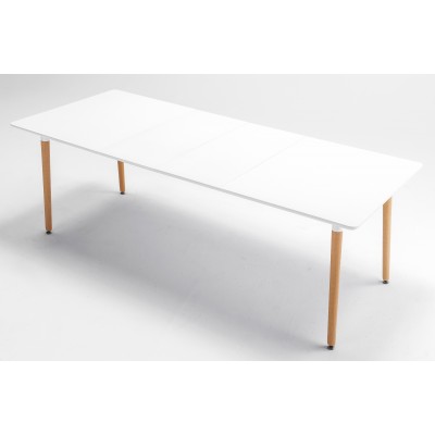 Mesa de Comedor Nórdica de 240x90 cm Extensible abierta con todos los extensibles a 200 x90 cm. Blanco / Haya