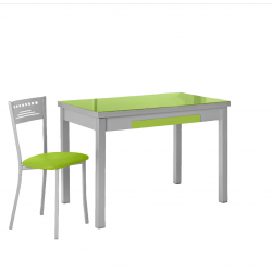 Mesa de Cocina Lana de Cristal Extensible de 90x50 cm. con Cajón Verde