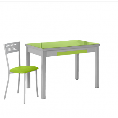 Mesa de Cocina Lana de Cristal Extensible de 90x50 cm. con Cajón Verde