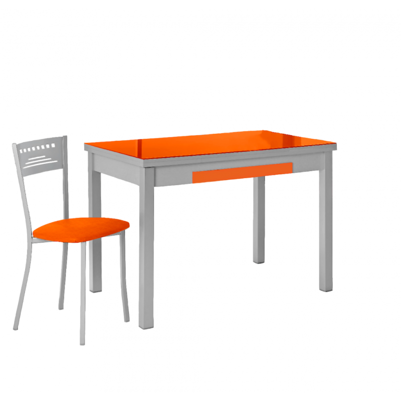 Mesa de Cocina Lana de Cristal Extensible de 90x50 cm. con Cajón Naranja