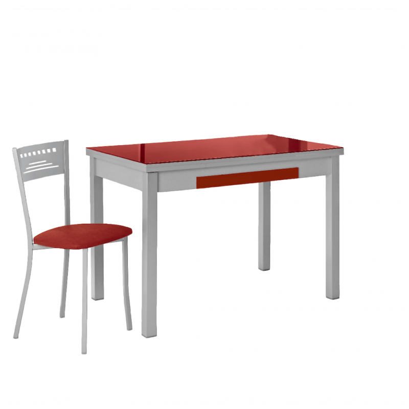Mesa de Cocina Lana de Cristal Extensible de 90x50 cm. con Cajón Burdeos