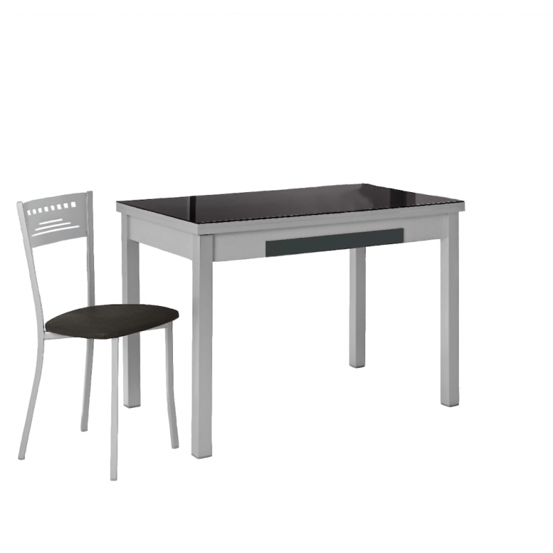 Mesa de Cocina Lana de Cristal Extensible de 90x50 cm. con Cajón Negro