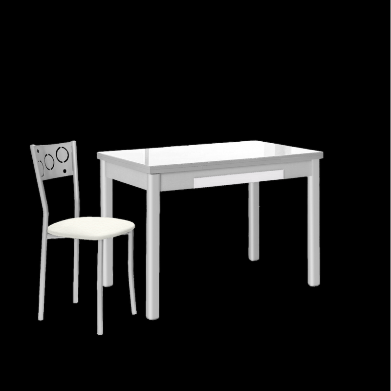 Mesa de Cocina de Cristal Pisa con Cajón y Extensible de 100x60 cm. a 150 cm. Blanca