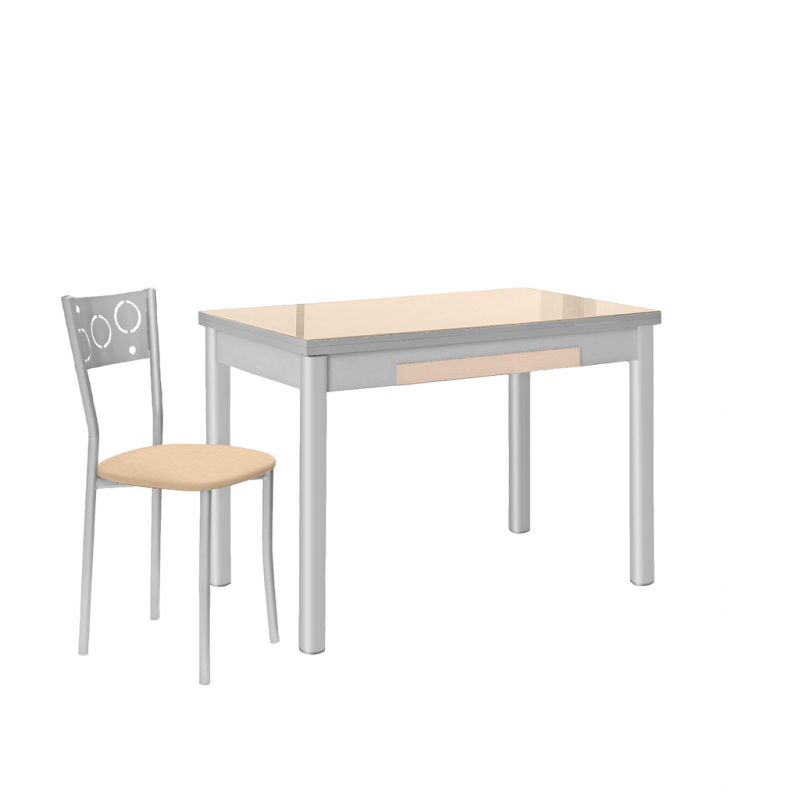 Mesa de Cocina de Cristal Pisa con Cajón y Extensible de 100x60 cm. a 150 cm. Beige
