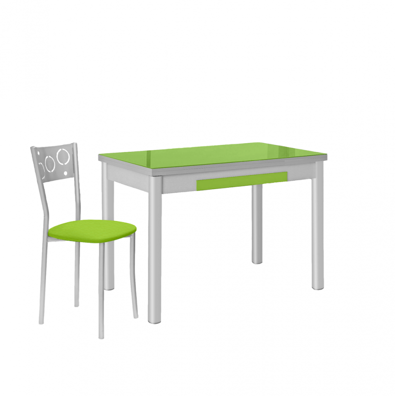 Mesa de Cocina de Cristal Pisa con Cajón y Extensible de 100x60 cm. a 150 cm. Verde