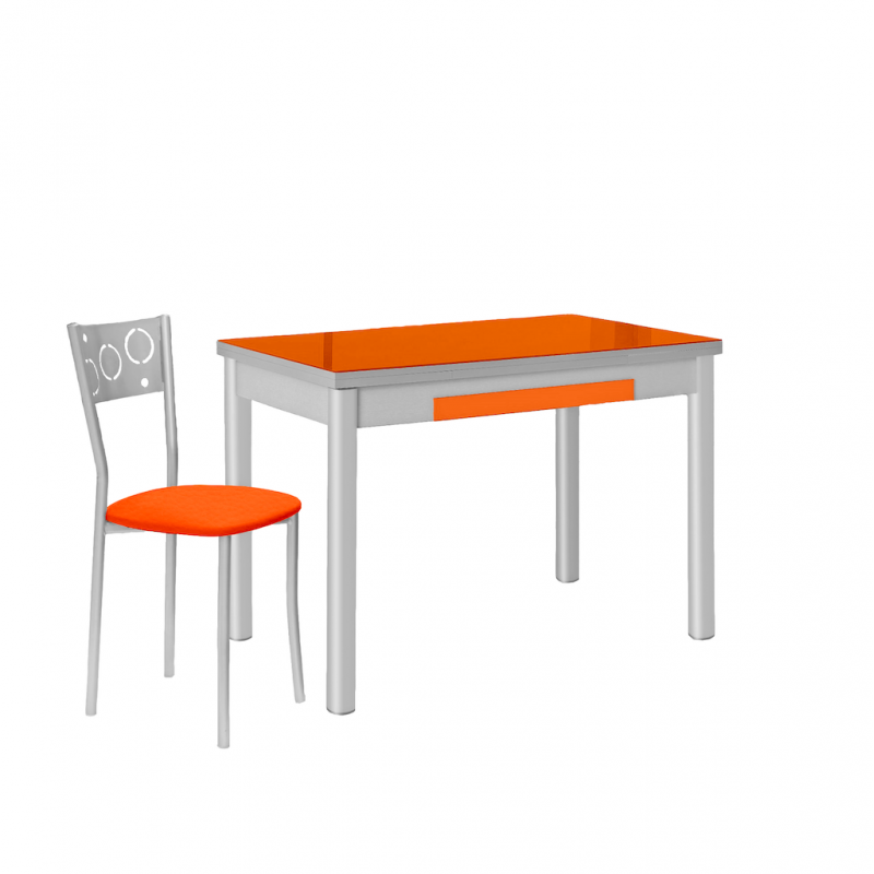 Mesa de Cocina de Cristal Pisa con Cajón y Extensible de 100x60 cm. a 150 cm. Naranja