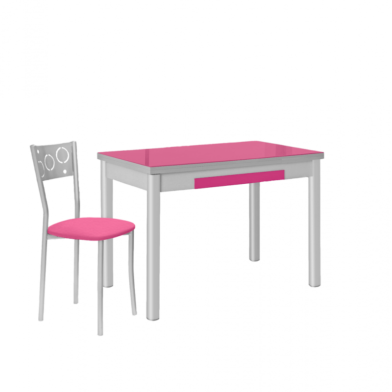 Mesa de Cocina de Cristal Pisa con Cajón y Extensible de 100x60 cm. a 150 cm. Fucsia