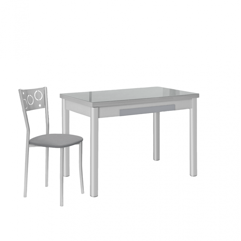 Mesa de Cocina Extensible de Cristal 90x50 cm. con Cajón Gris