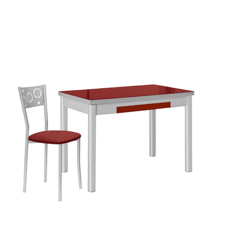 Mesa de Cocina Extensible de Cristal 90x50 cm. con Cajón Burdeos