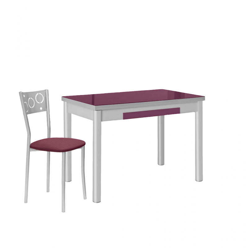 Mesa de Cocina Extensible de Cristal 90x50 cm. con Cajón Berenjena