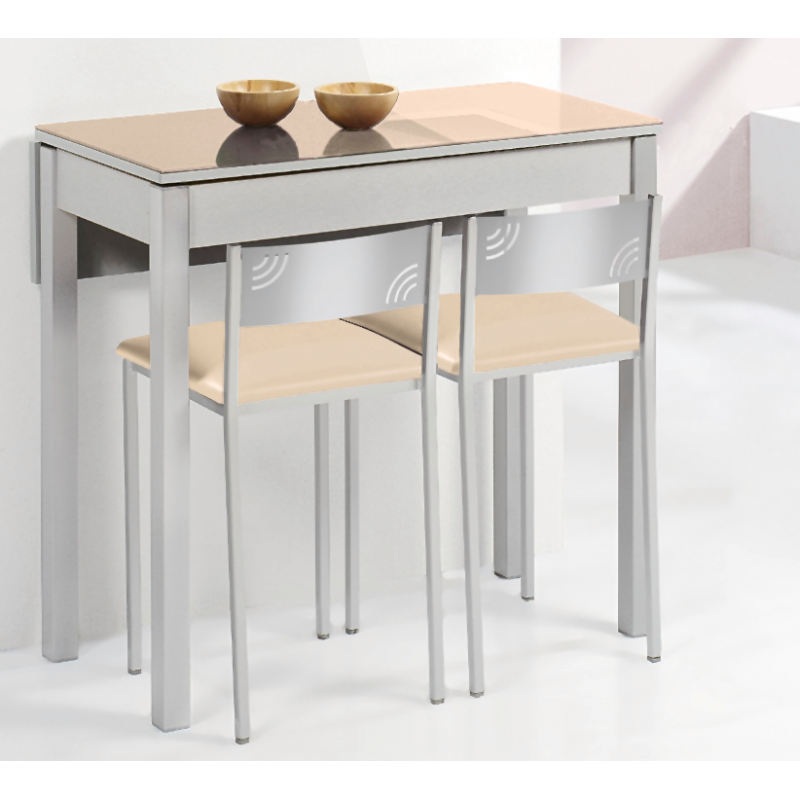 Mesa de Cocina Petra Extensible con 1 Ala caída de 80X40 (80X60) Cristal Beige