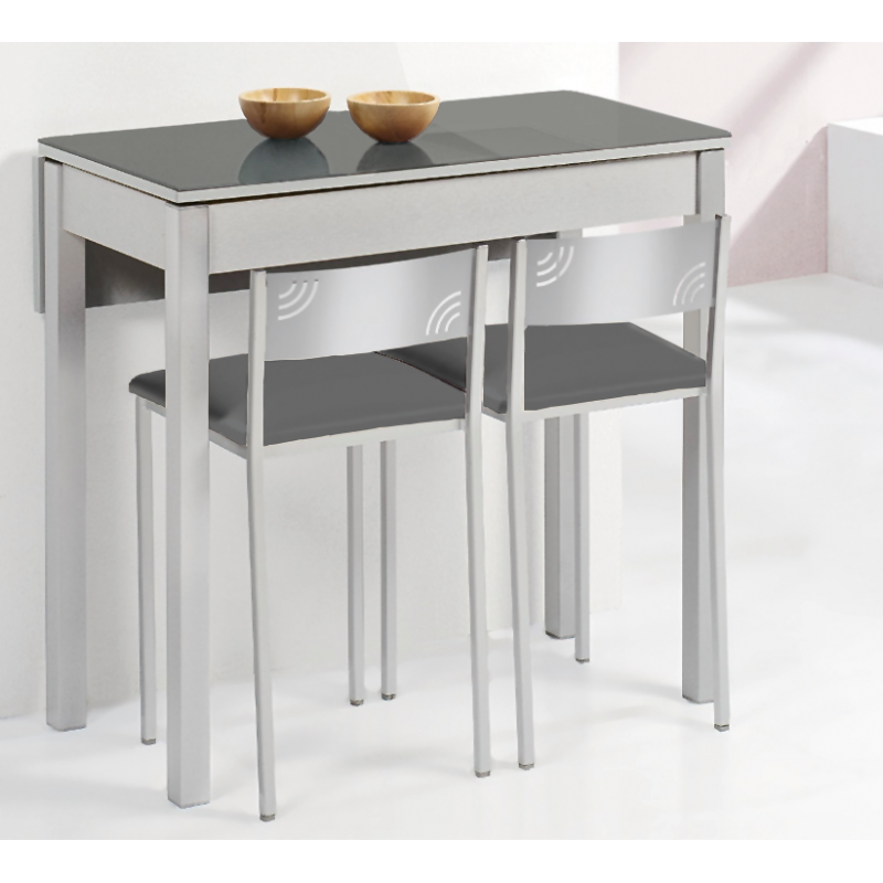 Mesa de Cocina Petra Extensible con 1 Ala caída de 80X40 (80X60) Cristal Grafito