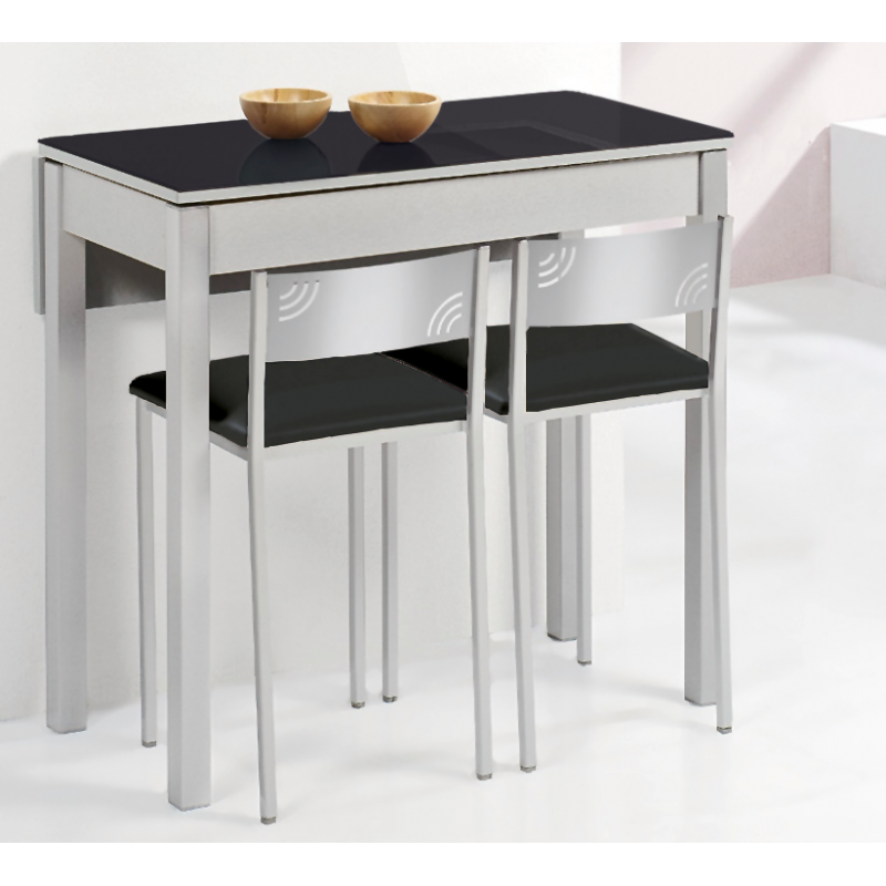 Mesa de Cocina Petra Extensible con 1 Ala caída de 80X40 (80X60) Cristal Negro