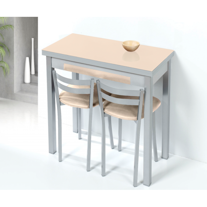 Mesa de Cocina de Cristal Lena de 90x50 Extensible tipo libro con Cajón Beige