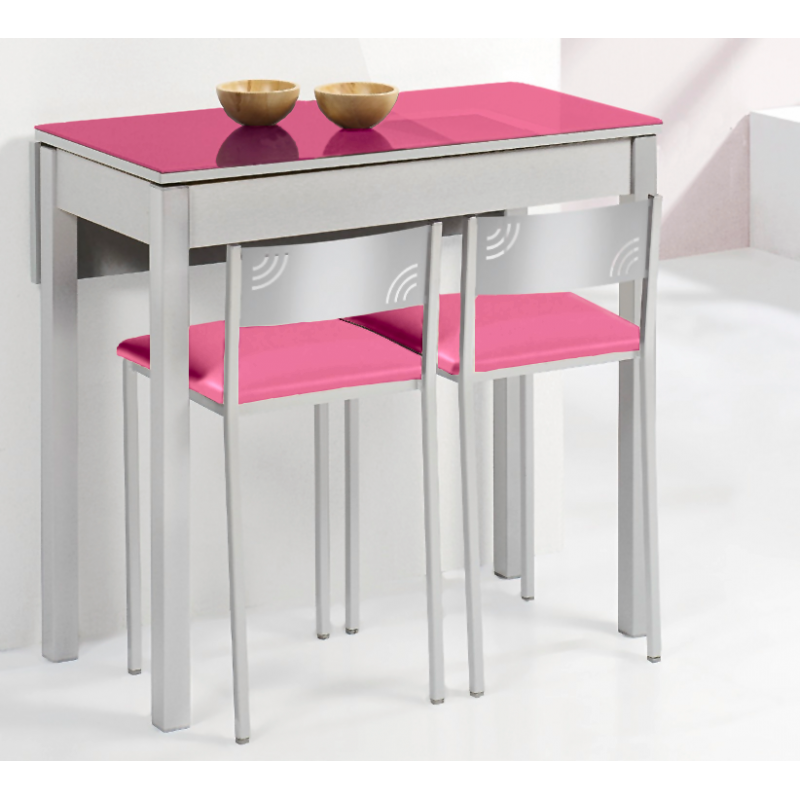 Mesa de Cocina Petra Extensible con 1 Ala caída de 90X50 (90X70) Cristal Fucsia