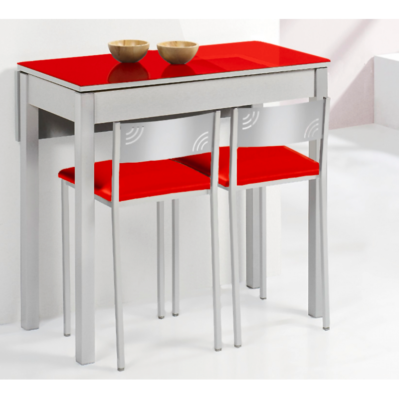 Mesa de Cocina Petra Extensible con 1 Ala caída de 90X50 (90X70) Cristal Rojo