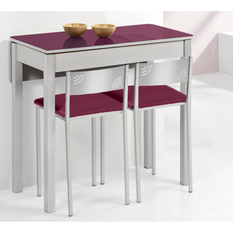 Mesa de Cocina Petra Extensible con 1 Ala caída de 90X50 (90X70) Cristal Berenjena