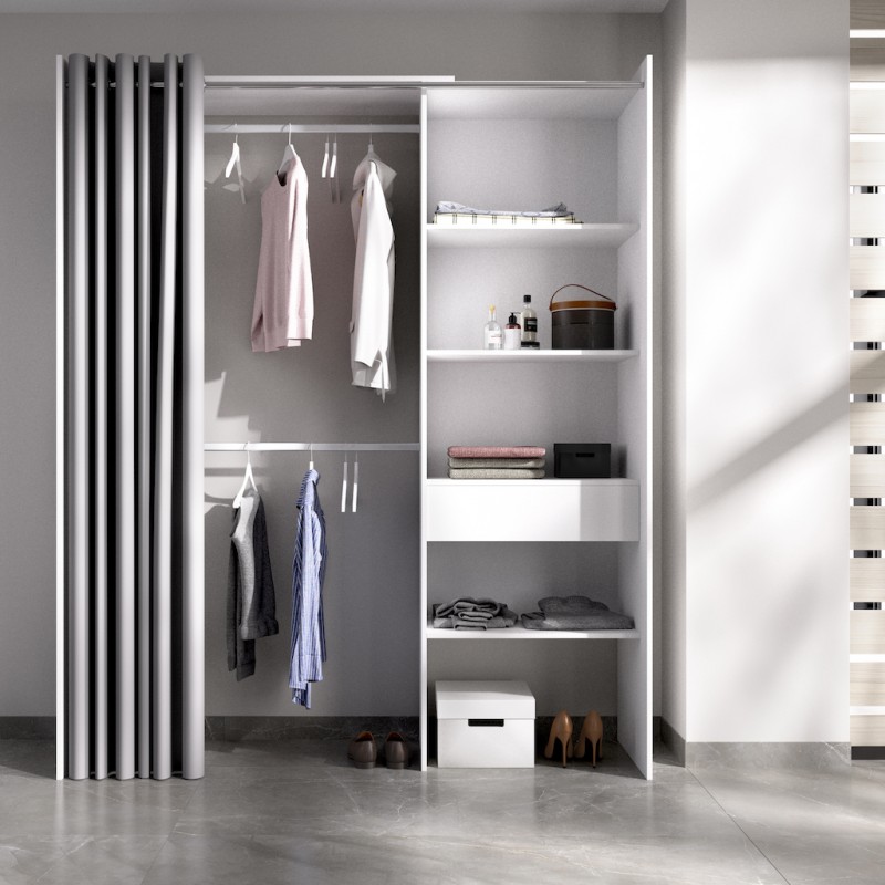 Armario Vestidor Suit Blanco con 1 Cajón y Cortina Gris