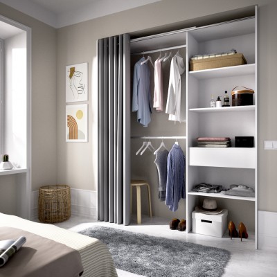 Armario Vestidor Suit Blanco con 1 Cajón y Cortina Gris