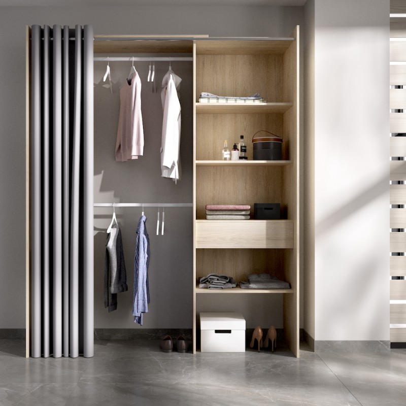 Armario Vestidor Suit Natural con 1 Cajón y Cortina Gris