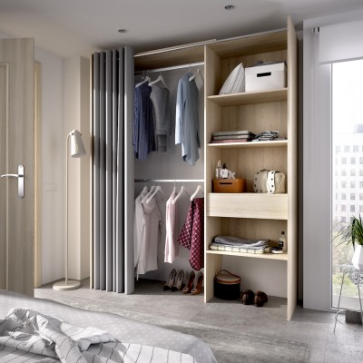 Armario Vestidor Suit Natural con 1 Cajón y Cortina Gris