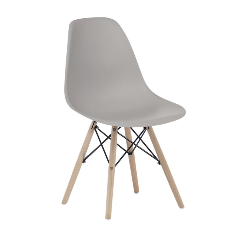 Silla de diseño nórdico con patas de madera y asiento en policarbonato  gris, barata.