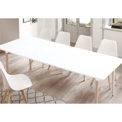 Mesa de Comedor Nórdica de 240x90 cm.Extensible abierta con todos los extensibles a 200 x90 cm. Blanco / Haya