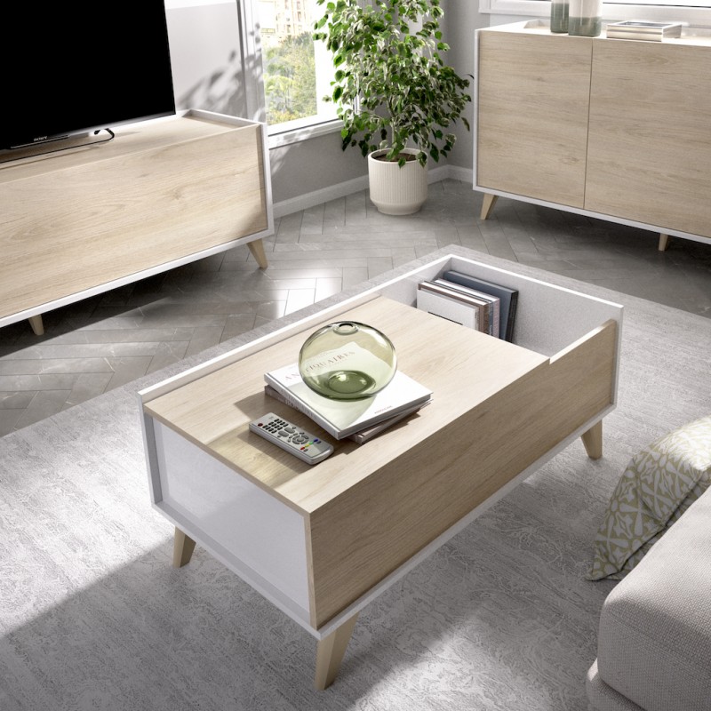 Mesa de Centro Elevable Oslo Acabado Blanco Natural / Roble de 100 x 60 cm