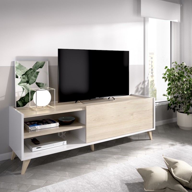 Mueble TV Oslo con Patas, Acabado Blanco / Roble Natural de 155x43x47 cm