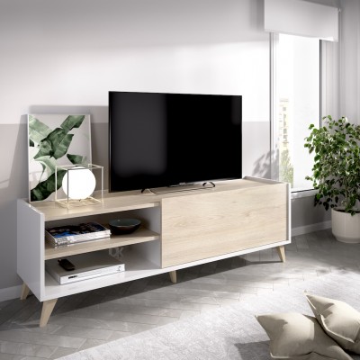 Mueble TV Oslo con Patas, Acabado Blanco / Roble Natural de 155x43x47 cm