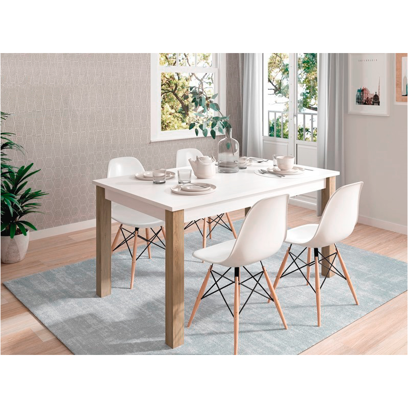 Mesa de comedor extensible de 135x90 cm. en blanco y roble, barato y funcional.