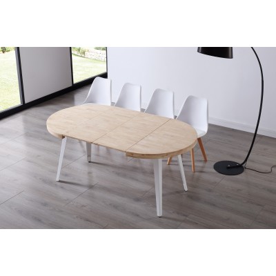Mesa Redonda Kove Roble Natural / Metal Blanco con los 2 Extensibles