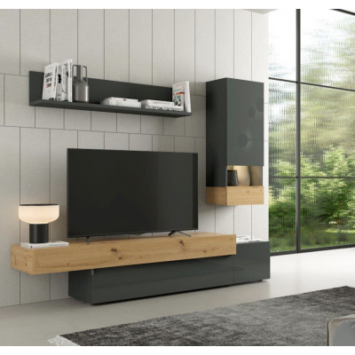 Mueble TV de 200 cm. acabado Lacado en grafito brillo y artisan de estilo  nórdico urbano muy actual, barato y funcional.