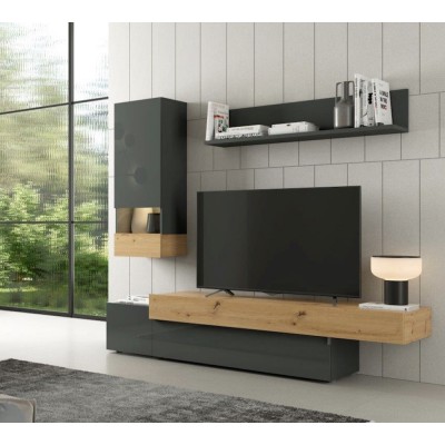 Cubeta Disturbio prototipo Mueble TV de 200 cm. acabado Lacado en grafito brillo y roble de estilo  nórdico urbano muy actual, barato y funcional.