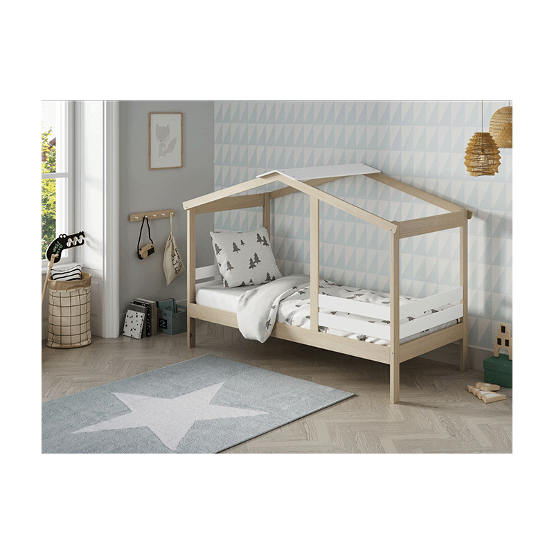 Cama Cabaña Nube de Madera de Pino y Dm Lacado Blanco de 204,9x105x147 cm