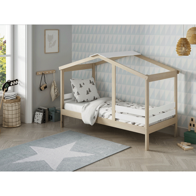 Cama Cabaña Nube de Madera de Pino y Dm Lacado Blanco de 204,9x105x147 cm