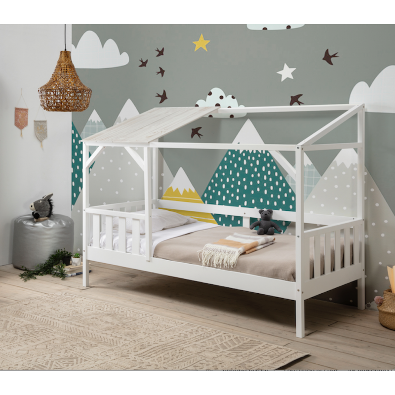 Cama Cabaña Lena de DM Lacado Blanco y Madera de Pino Blanco