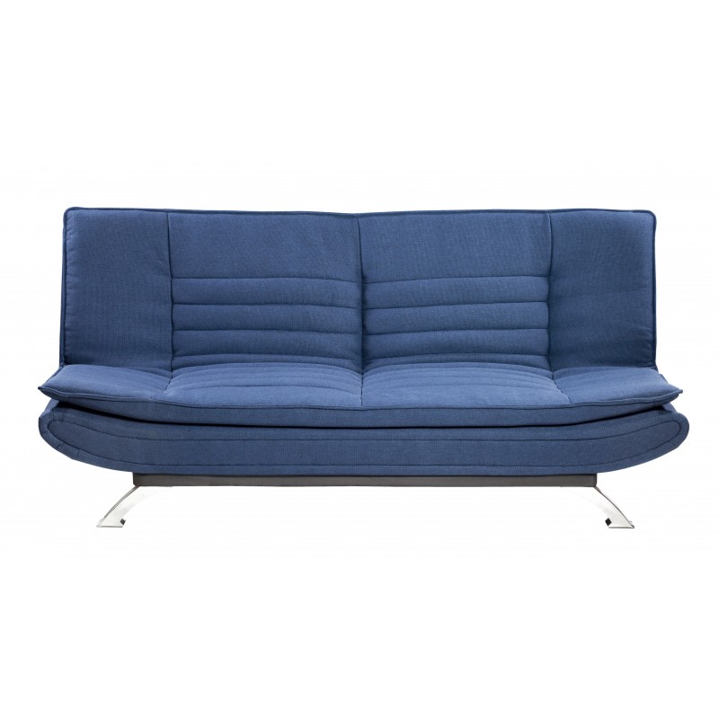 Sofá cama tipo clicclac tapizado en tela color azul, barato y funcional.