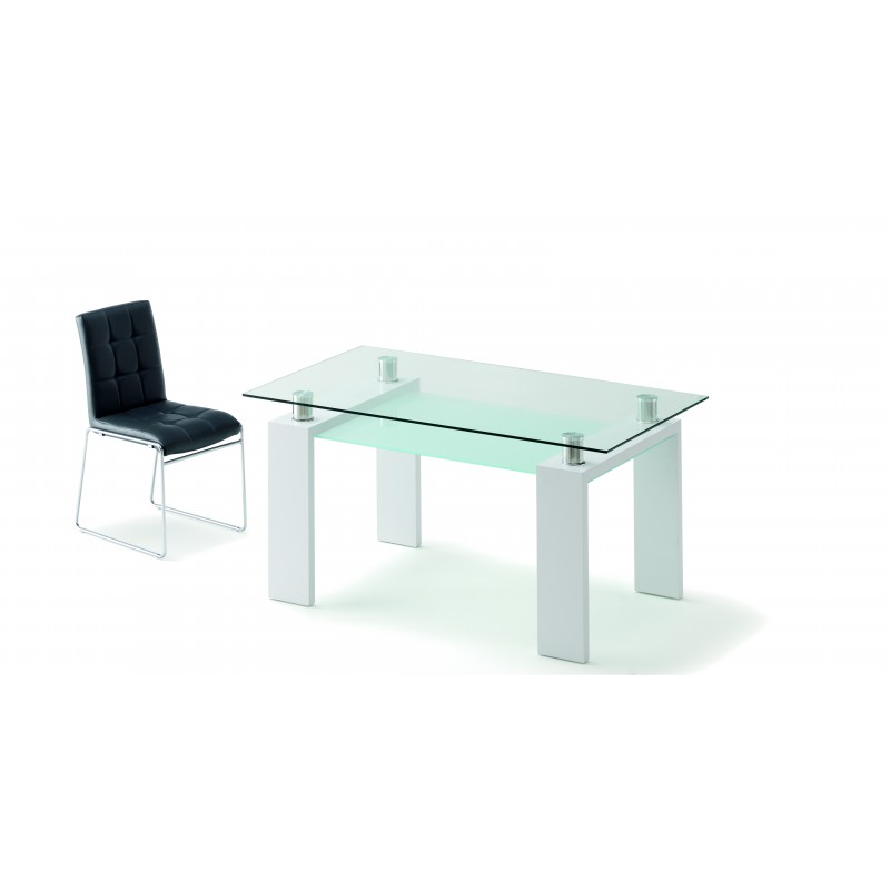 Mesa de comedor rectangular cristal y patas lacadas blanco, barata y