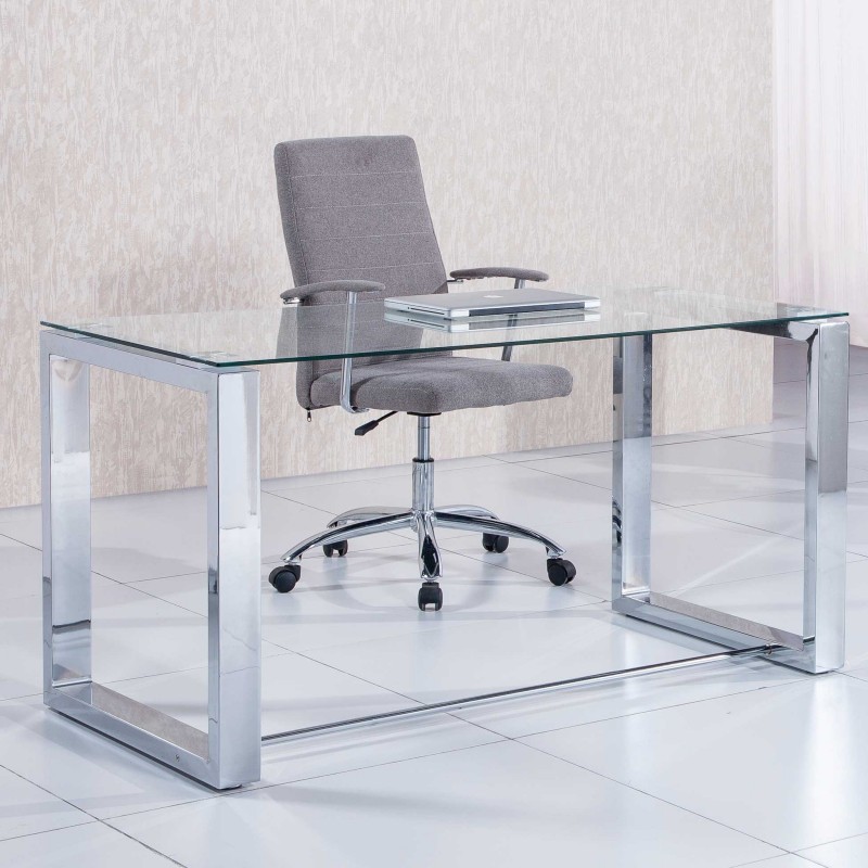 كينيا قسري توظيف  Mesa de oficina de cristal y patas cromadas de 140x70 cm de diseño barata.